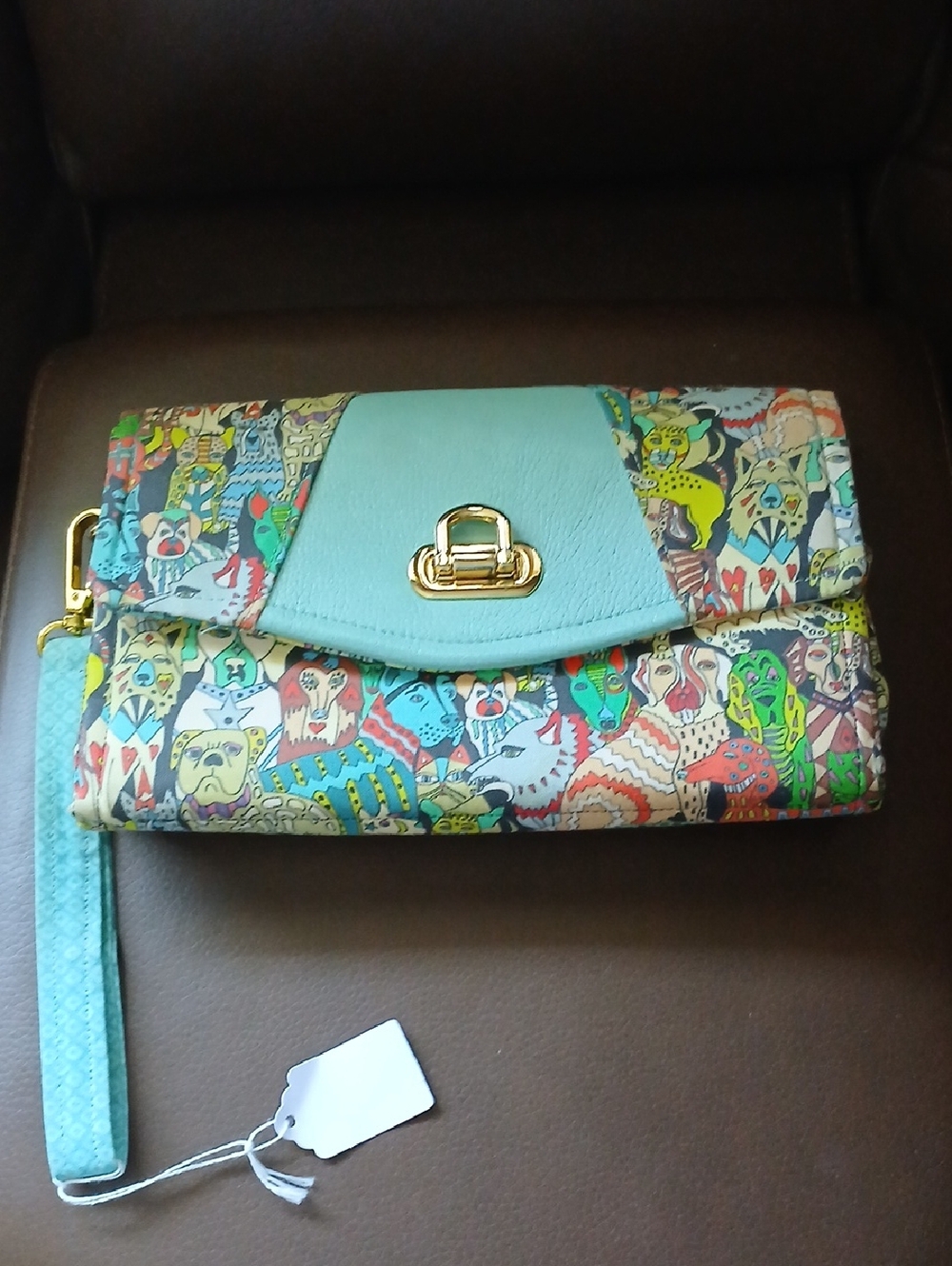 Multicolor Patterned Wristlet Clutch with Mint Accent